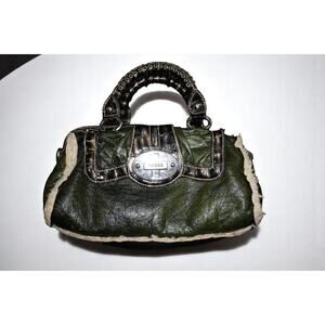 Vintage GUESS Olive Green Faux Leather Shearling Handbag | Y2K Croc Trim Logo